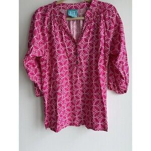 Escapada 3/4 Sleeve Rayon Tunic Blouse-Fuschia Pink & White Pattern-XS